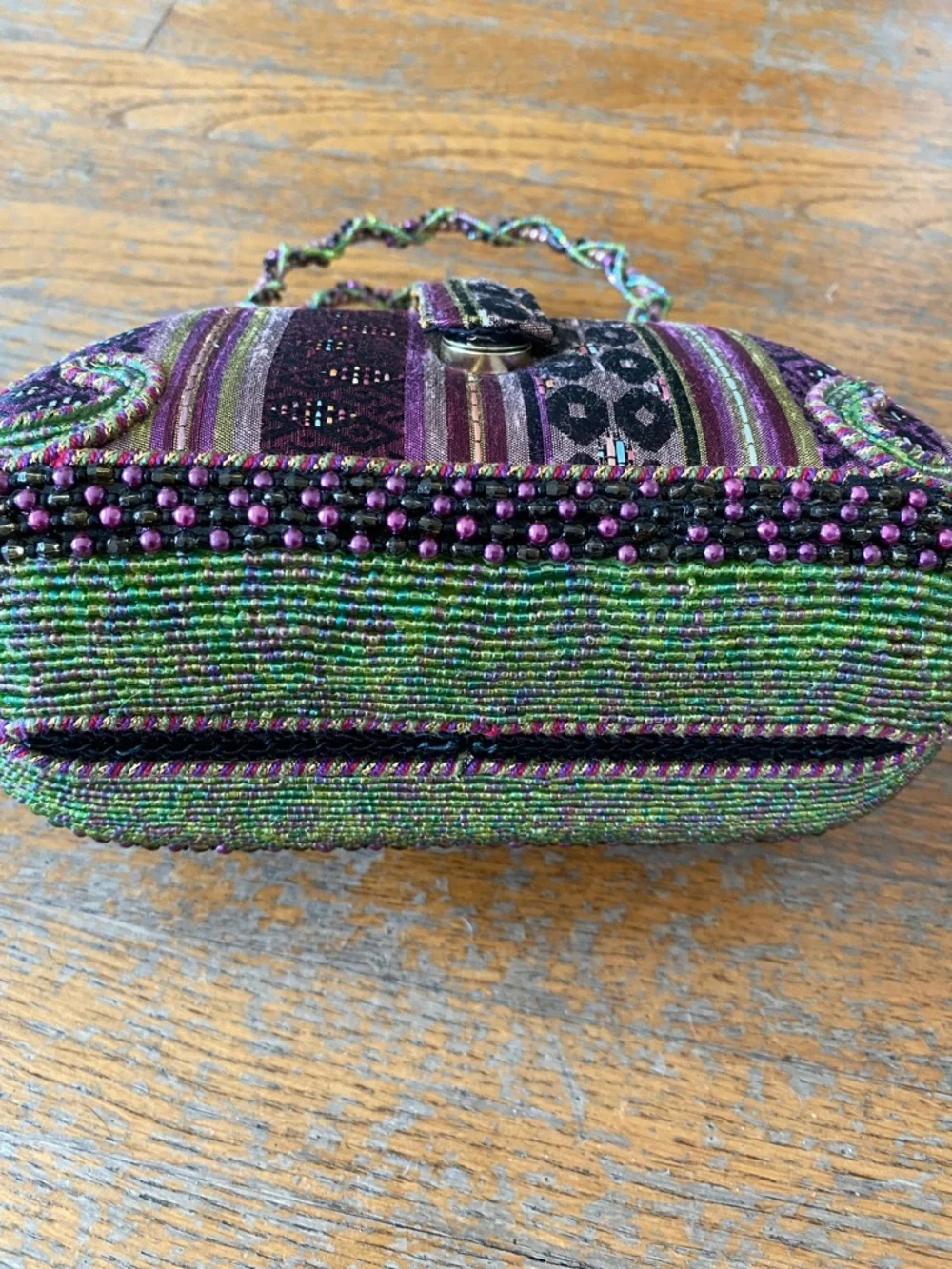 Mary Frances Hand Beaded 3D Floral Handle Evening Bag in Purple & Green - Picture 4 of 10